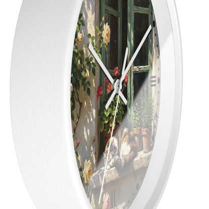 Round wall clock with a white frame and a printed scenic dial showing a sunlit window, climbing roses, potted plants, and a cat resting on a windowsill.