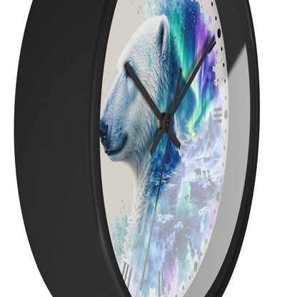 Polar Bear Aurora Wall Clock — Arctic Northern Lights Wildlife Decor
