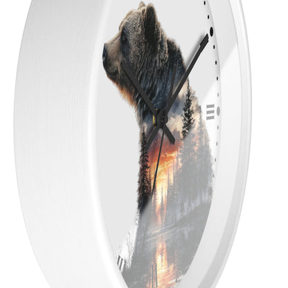 Bear Silhouette Wall Clock — Mountain Sunset Forest Double Exposure Decor