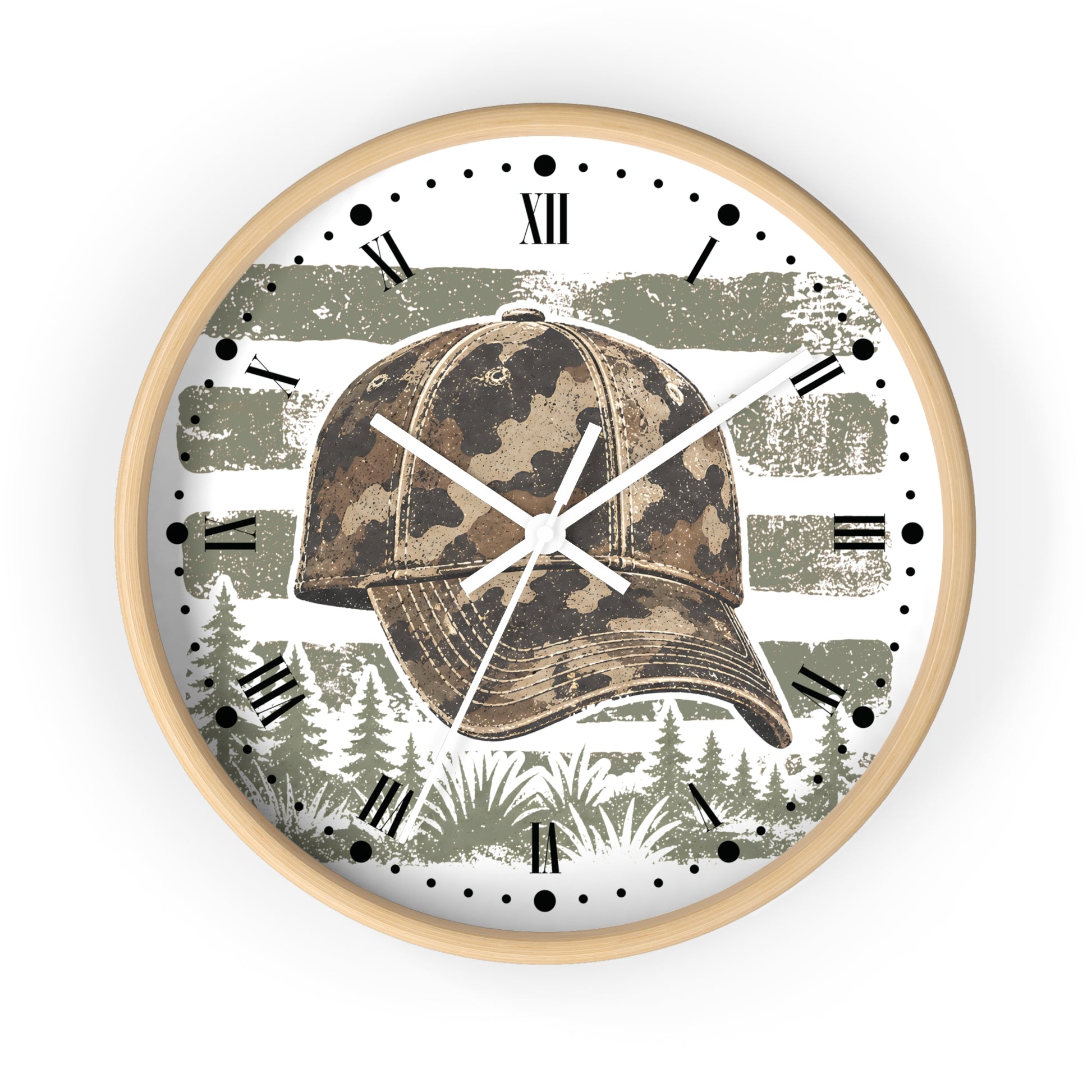 A round wall clock with a light wood frame, featuring a camouflage baseball cap graphic over a distressed gray and white striped background with forest silhouettes and black Roman numerals.