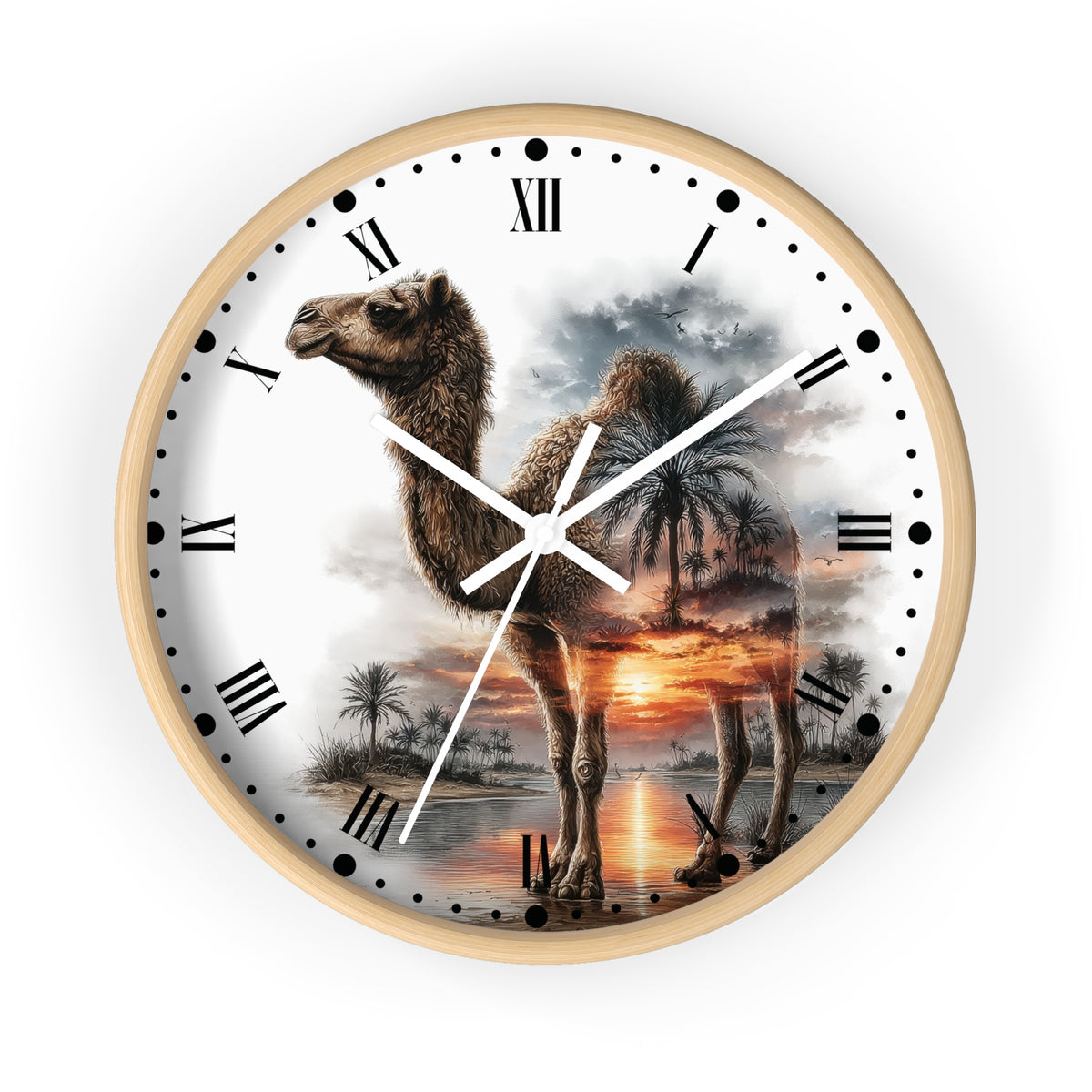 A round wall clock with a light wood frame and a printed camel scene on the face. The dial has black Roman numerals, black dot hour markers, white clock hands, and a scenic print of a camel standing in a desert landscape at sunset.