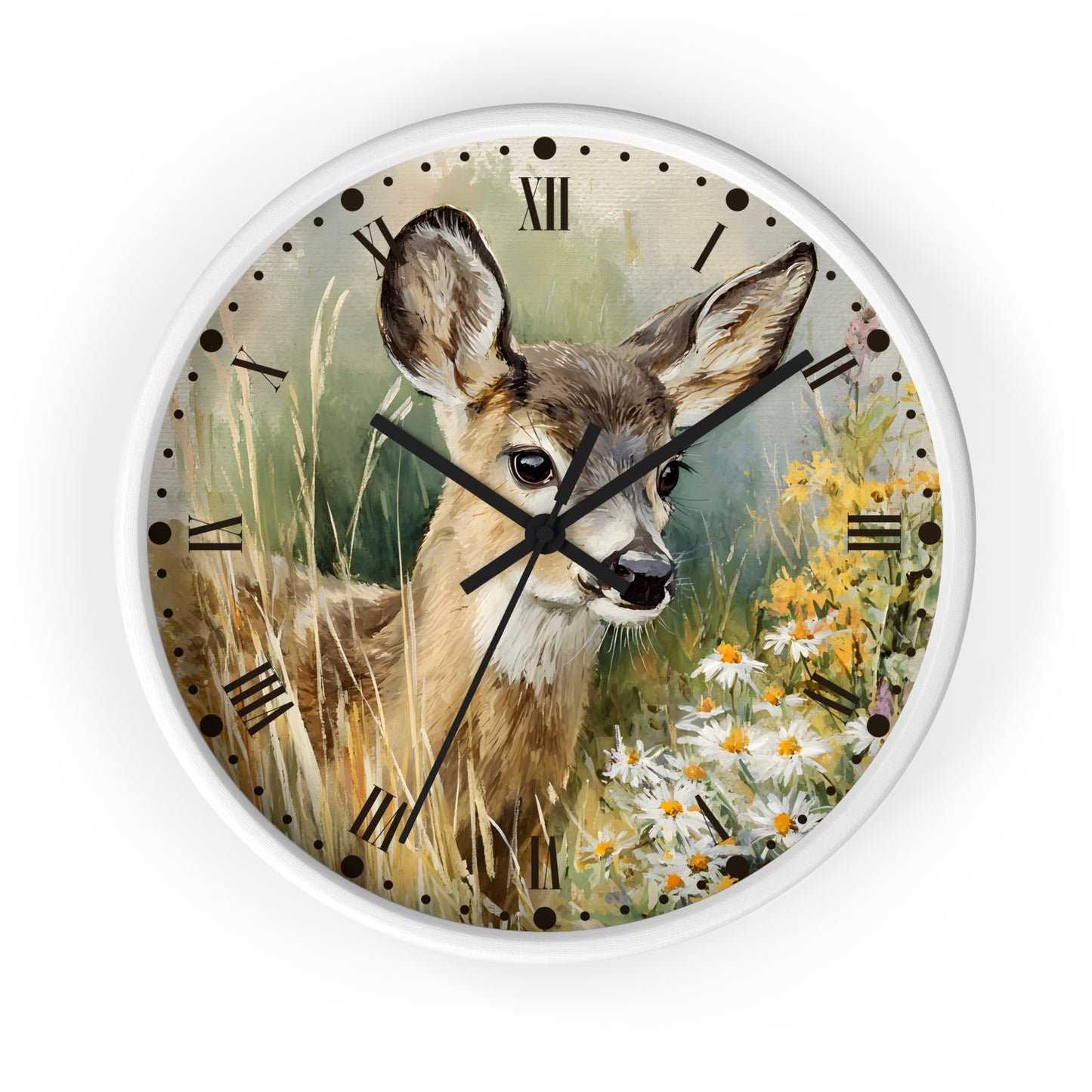 A round wall clock with a white frame and a printed illustration of a deer in a grassy field with flowers, shown against a plain white background.