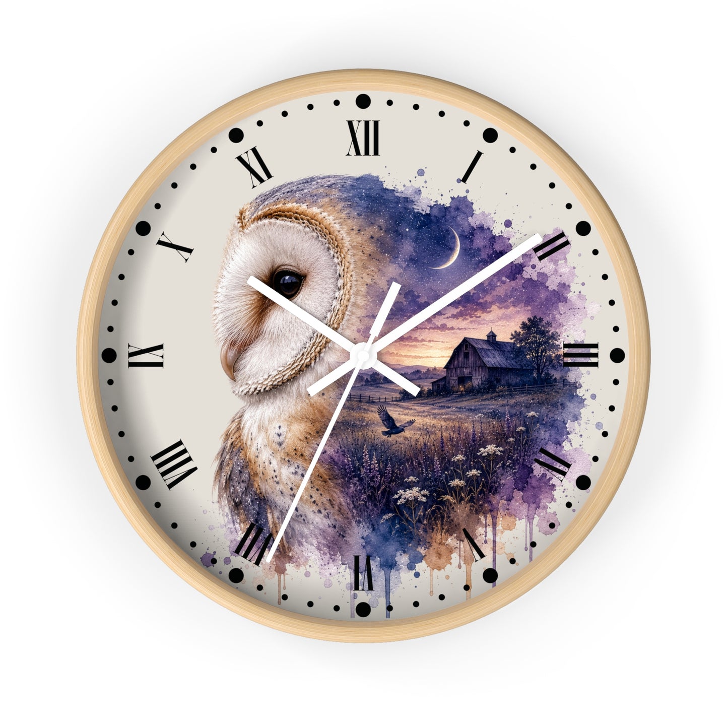 Round wall clock with a white frame and a printed owl illustration over a watercolor landscape at dusk. The clock face has Roman numerals and black dot hour markers, with white clock hands.