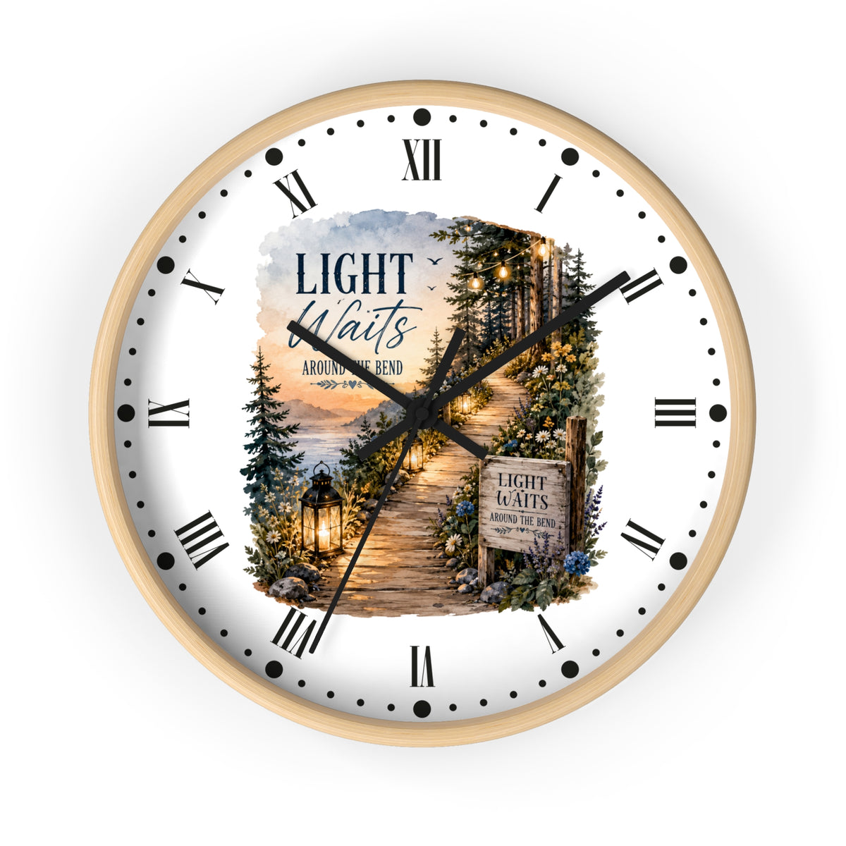 Rustic Lantern Christian Wall Clock — "Light Waits Around the Bend" Bible Verse Decor