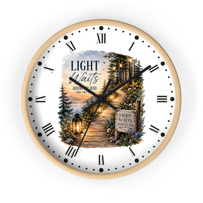 Rustic Lantern Christian Wall Clock — "Light Waits Around the Bend" Bible Verse Decor