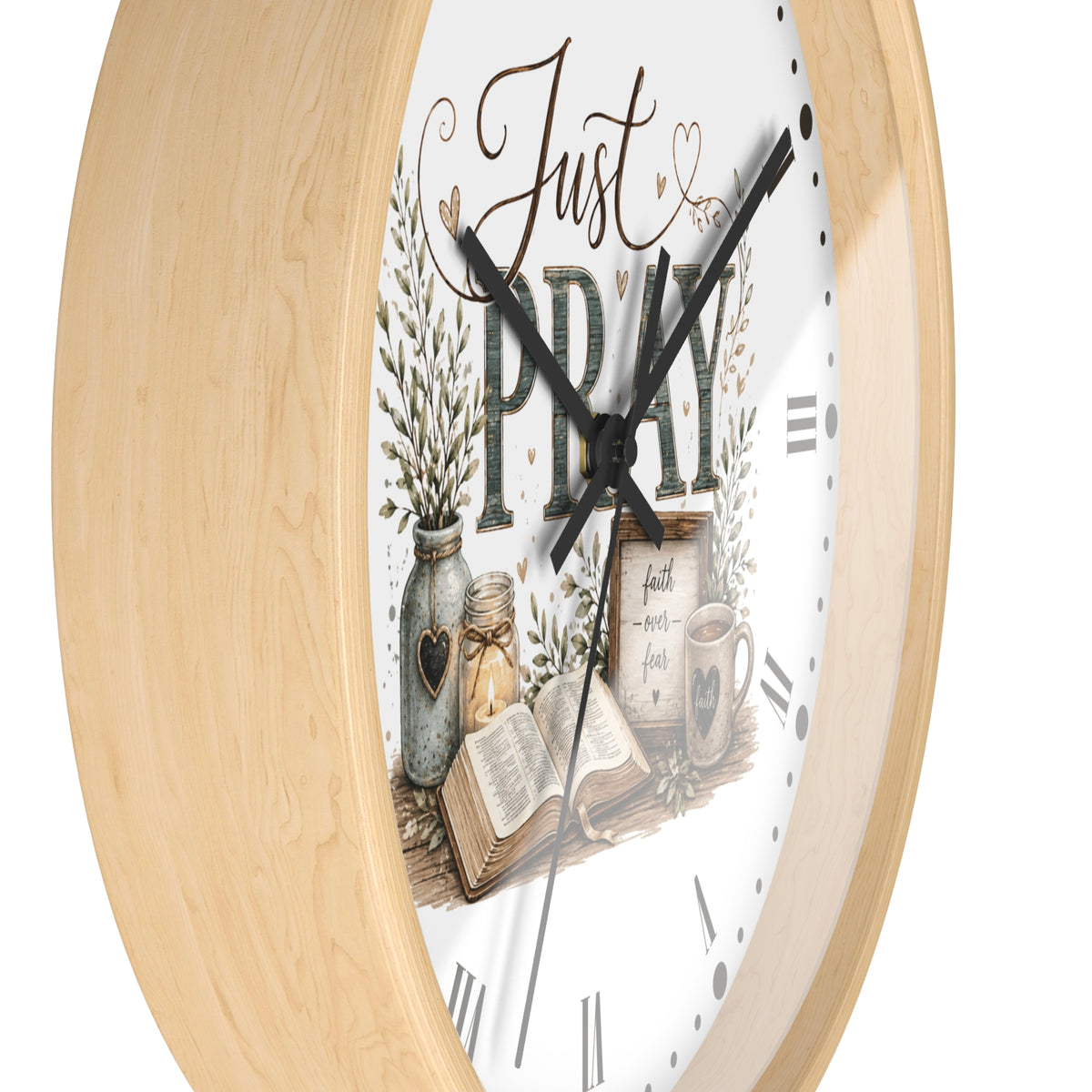 Just Pray Decorative Wall Clock — Rustic Faith-Inspired Home Decor