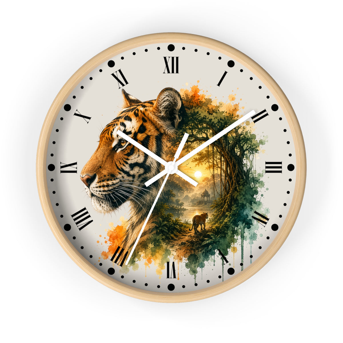 A round wall clock with a white frame and Roman numerals, featuring a printed design of a tiger's head merging into a forest scene with a small bear at sunset.
