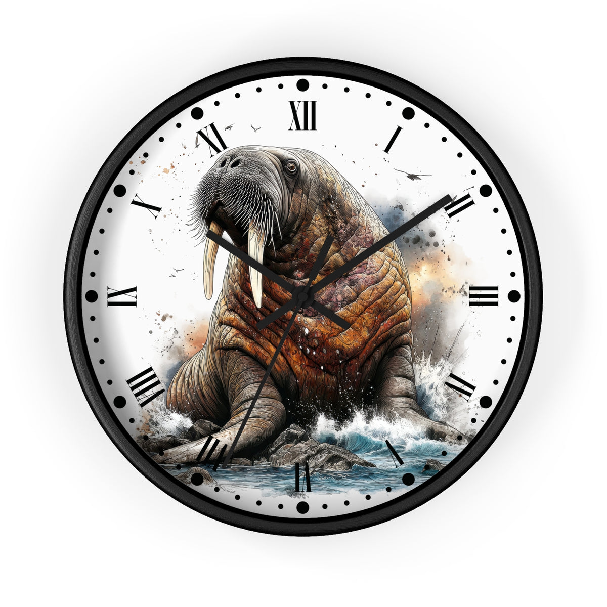 A round wall clock with a black frame and a printed design of a walrus on the face, featuring Roman numerals and black hands, shown against a plain white background.