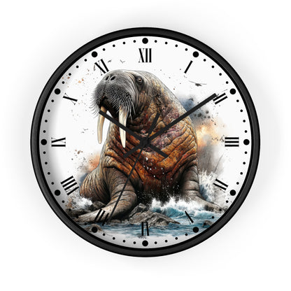 A round wall clock with a black frame and a printed design of a walrus on the face, featuring Roman numerals and black hands, shown against a plain white background.