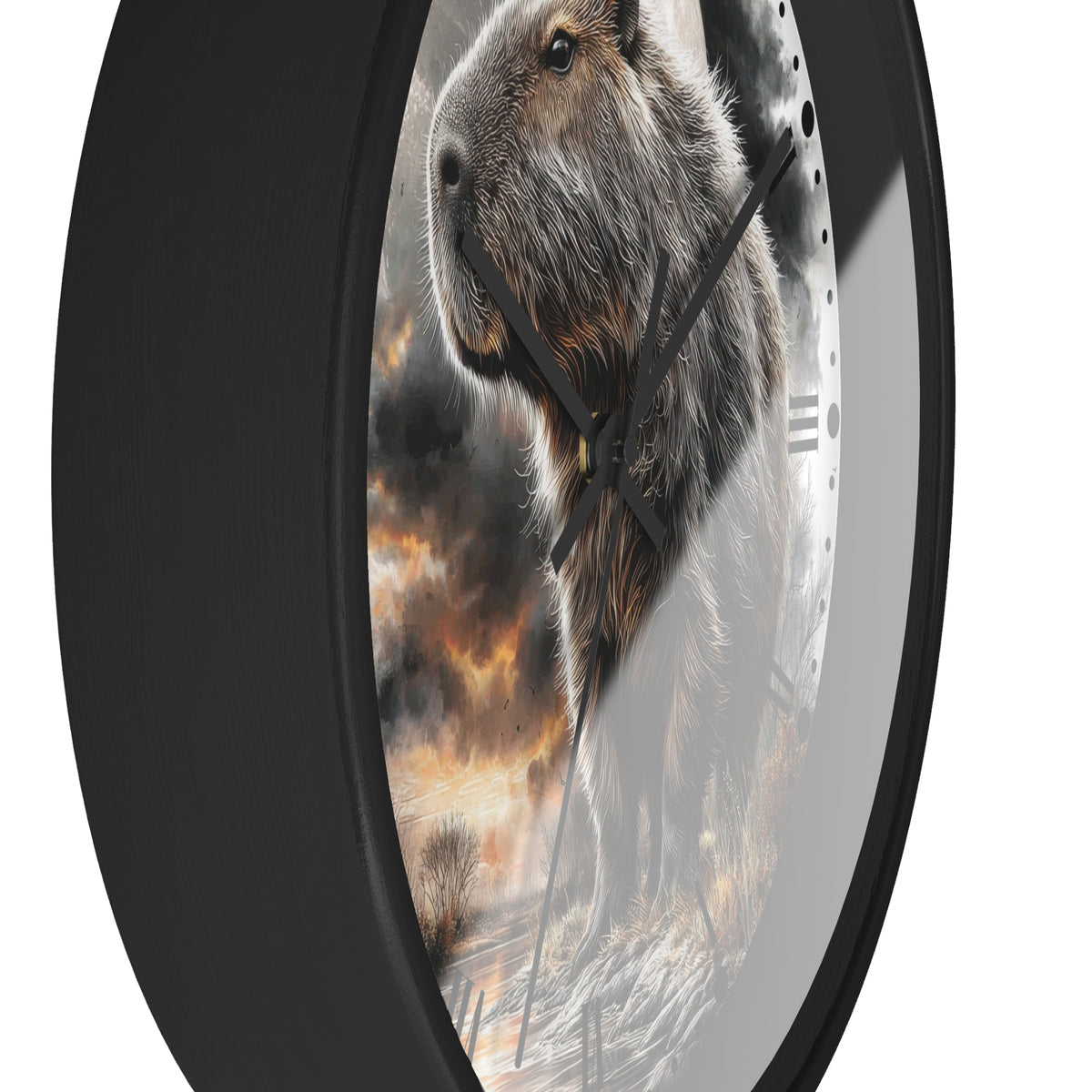 A round wall clock with a black frame and a printed design of a capybara standing in a dramatic, smoky landscape. The clock is shown at an angle against a plain white background.