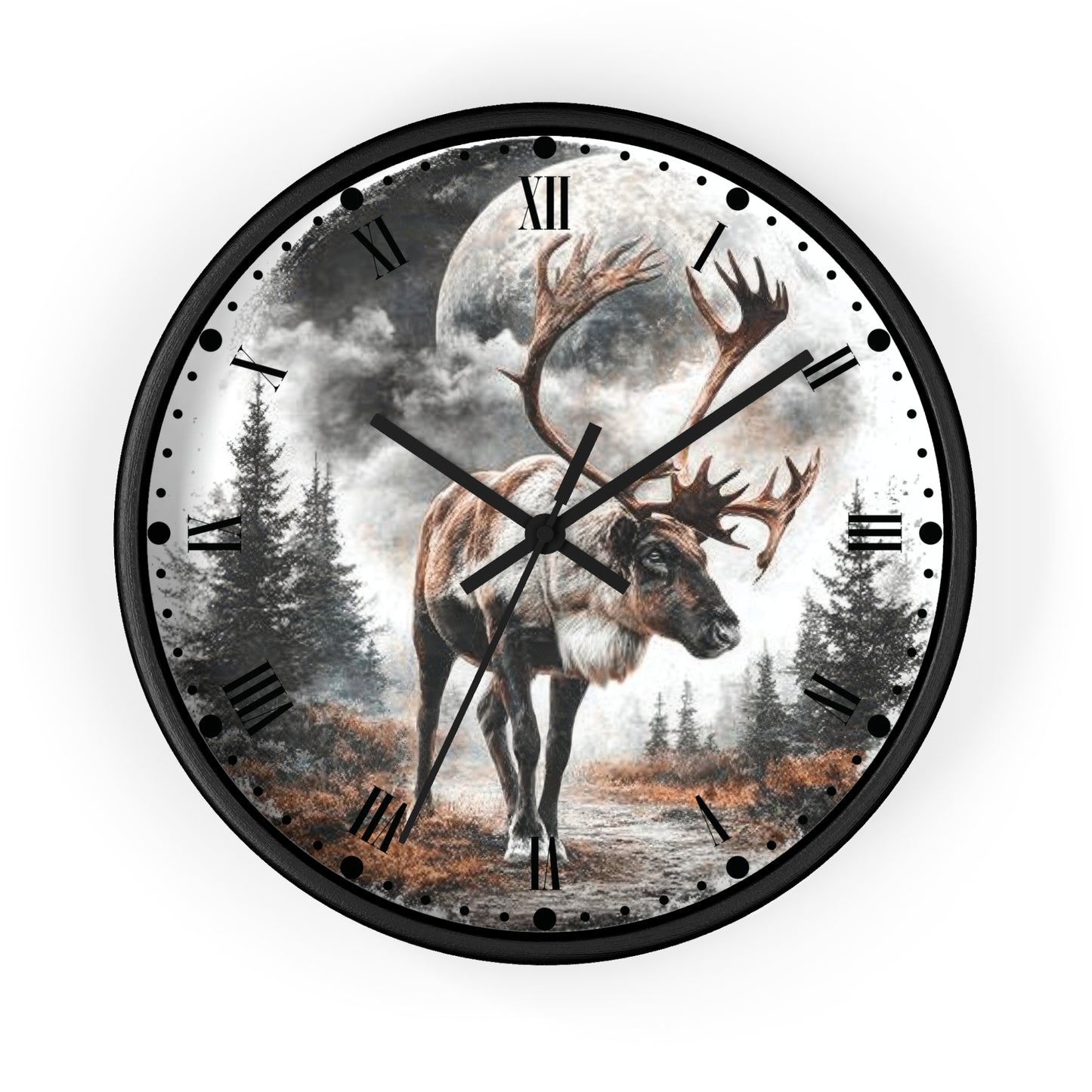 A round wall clock with a black frame and a printed scenic dial featuring a large reindeer standing in a misty forest under a full moon, with black Roman numerals and hands.