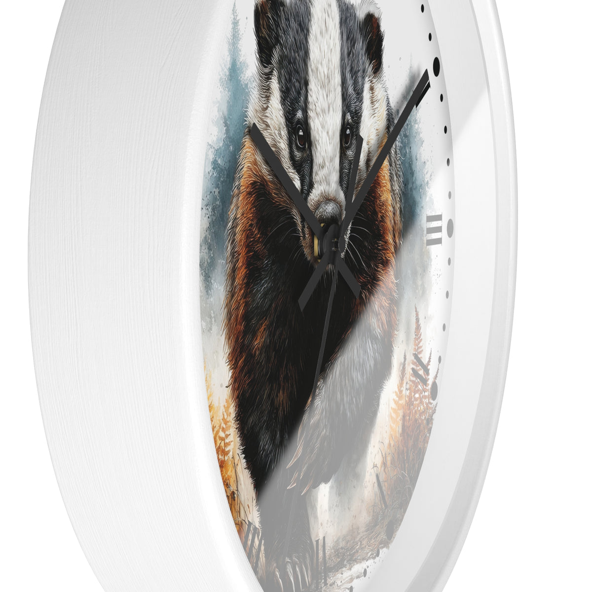 A round wall clock with a white frame and a printed illustration of a badger on the face, photographed against a plain white background.