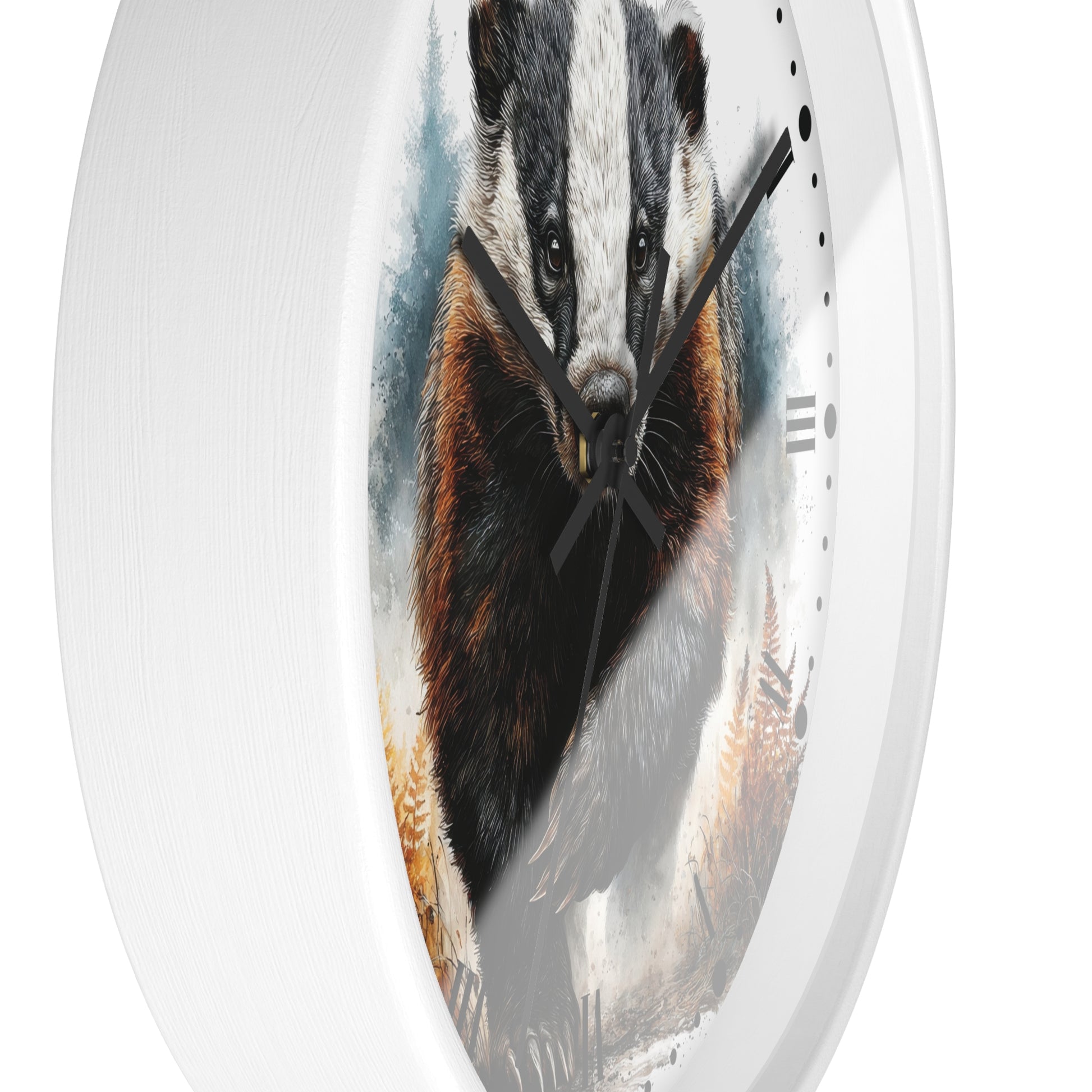 A round wall clock with a white frame and a printed illustration of a badger on the face, photographed against a plain white background.