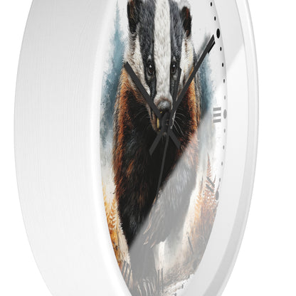 A round wall clock with a white frame and a printed illustration of a badger on the face, photographed against a plain white background.