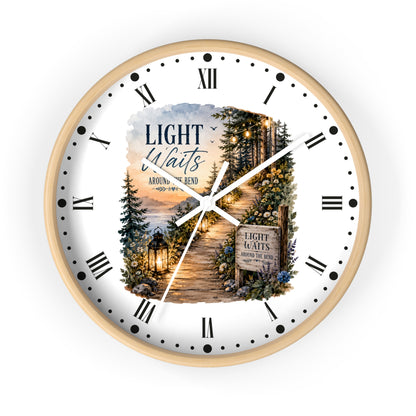 Rustic Lantern Christian Wall Clock — "Light Waits Around the Bend" Bible Verse Decor