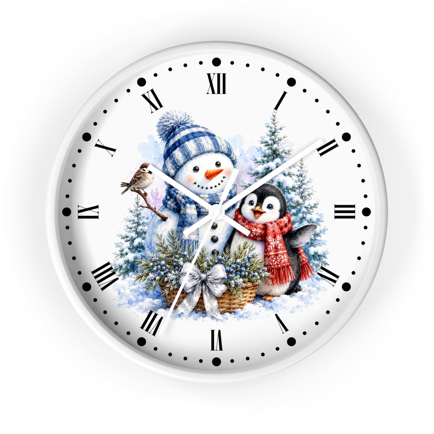 A round white wall clock with black Roman numerals and markers, featuring a winter illustration of a snowman in a blue striped hat and scarf, a penguin in a red scarf, evergreen trees, and a bird on the clock face.