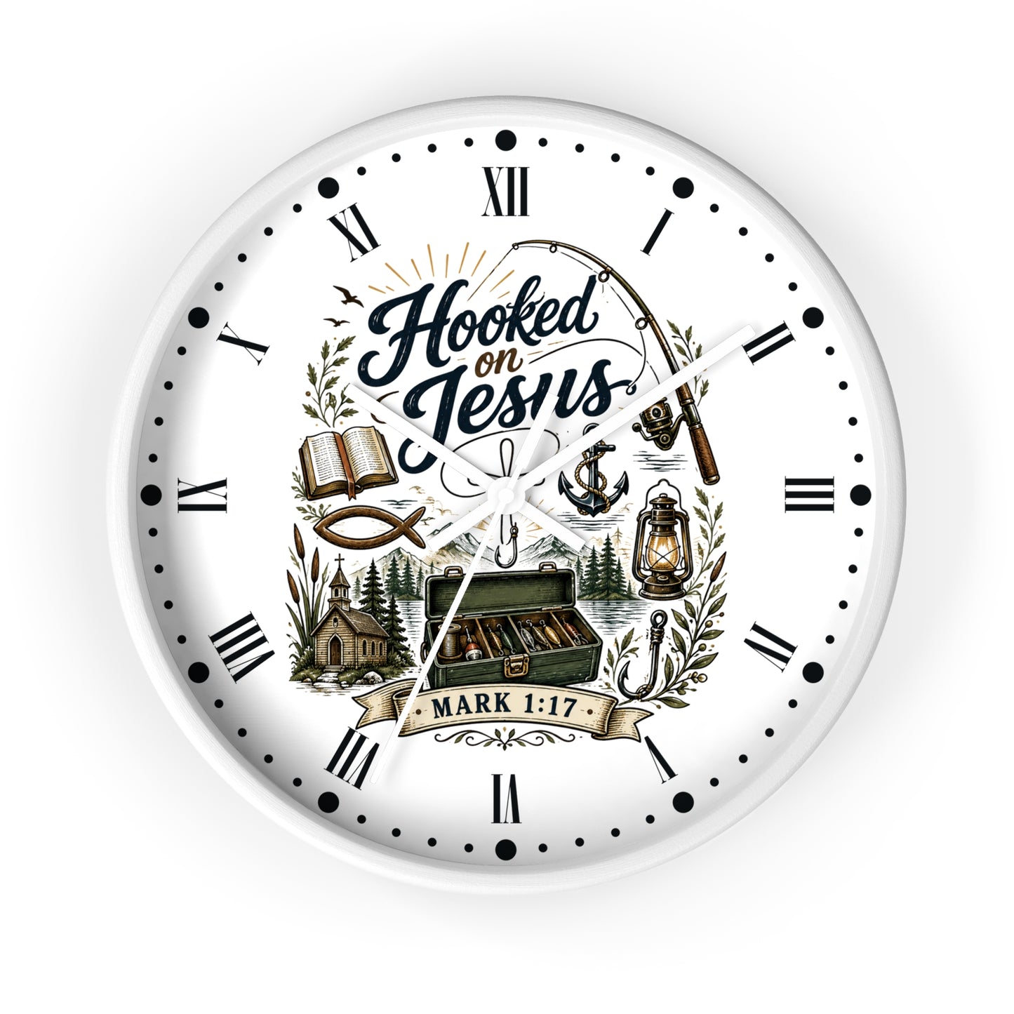 Hooked on Jesus Wall Clock — Christian Fishing & Faith Decor (Mark 1:17)