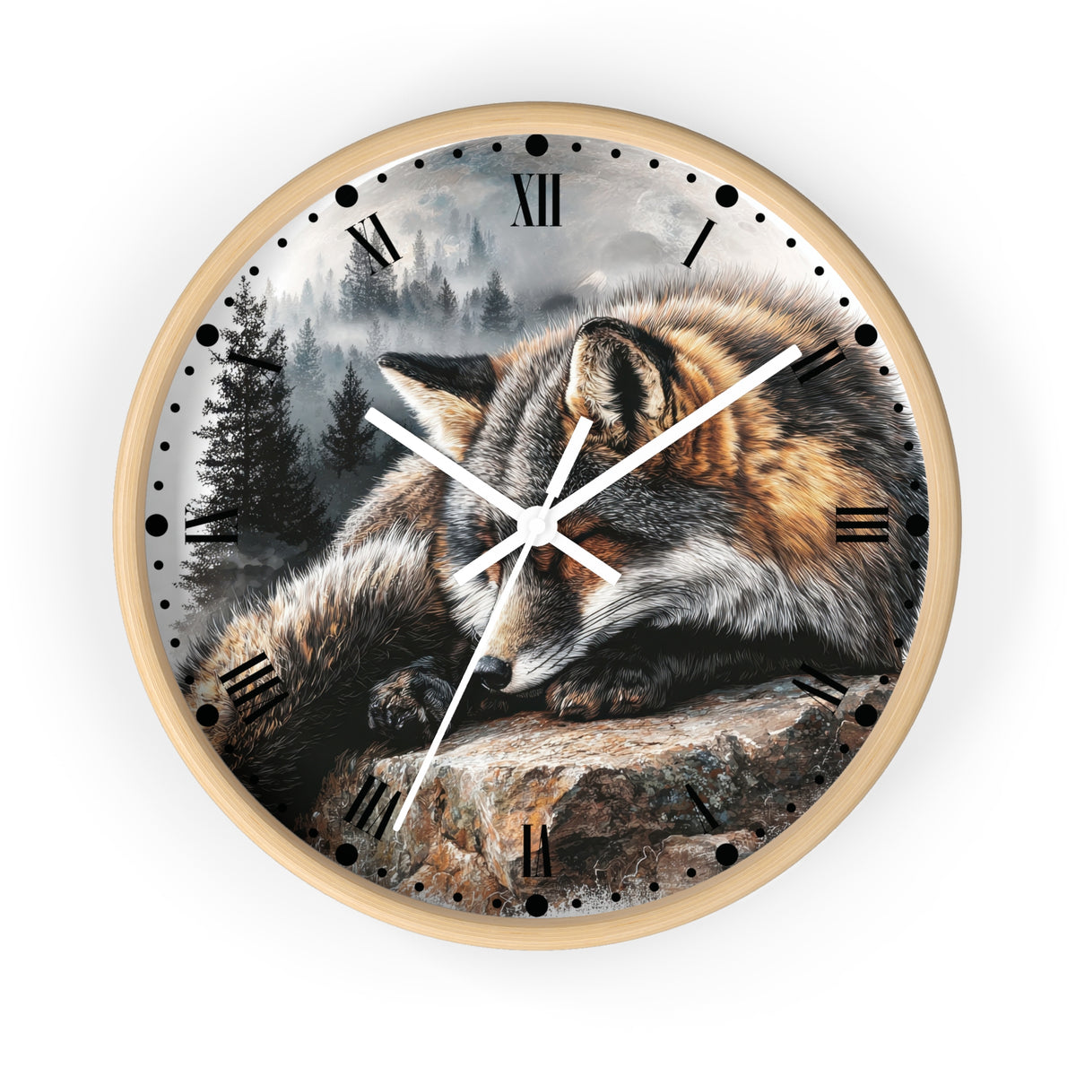 Round wall clock with a light wood frame and a printed wolf resting on a rock in a misty forest scene. The clock face has black Roman numerals and white hands, shown against a plain white background.