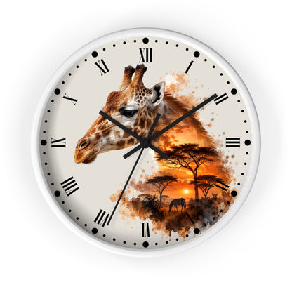 A round wall clock with a white frame and a safari-themed watercolor design featuring a giraffe head, acacia trees, and an orange sunset on the clock face.