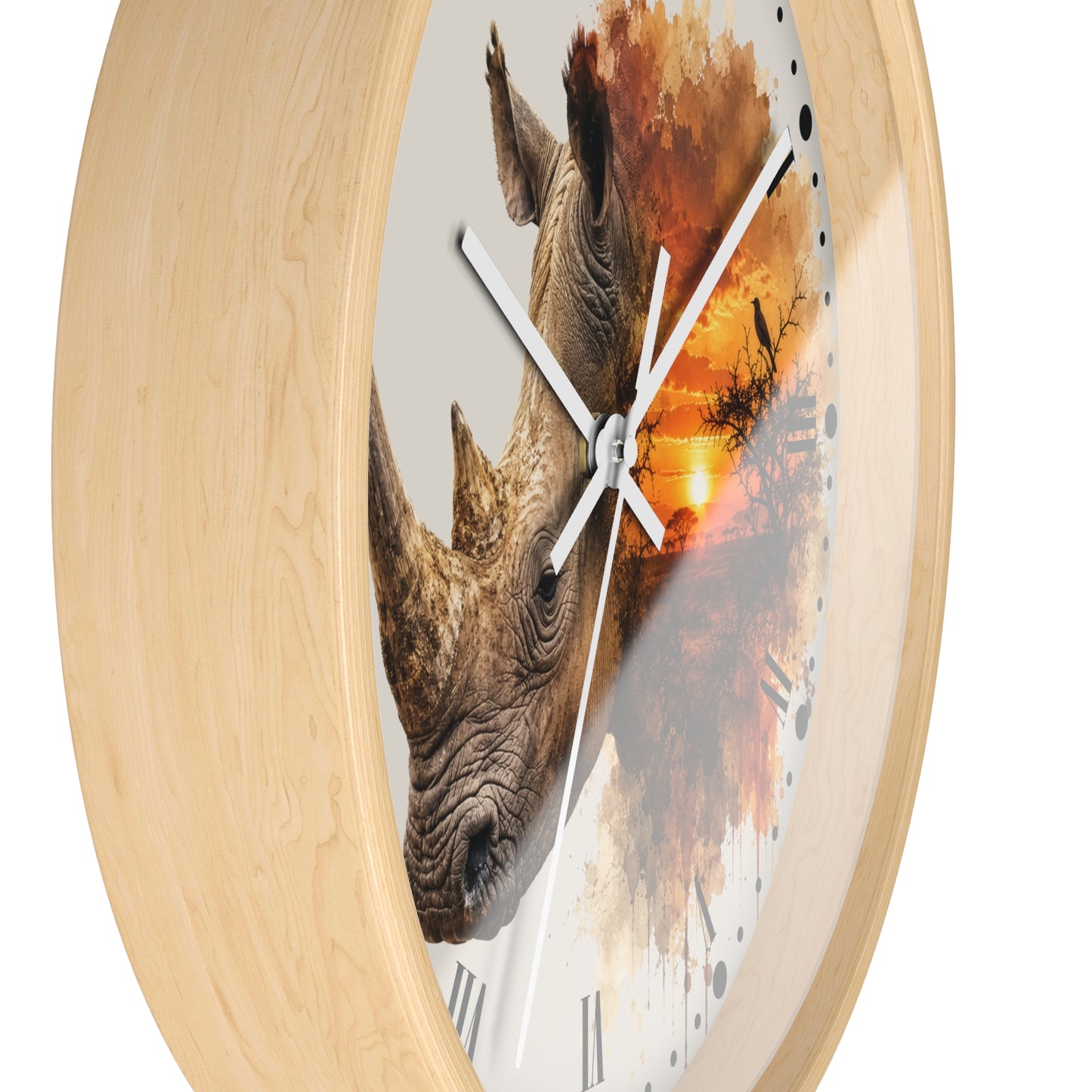 Rhino Sunset Wall Clock with Roman Numerals — Safari Wildlife Decor