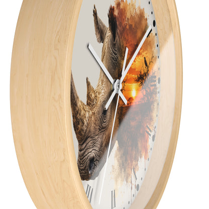Rhino Sunset Wall Clock with Roman Numerals — Safari Wildlife Decor