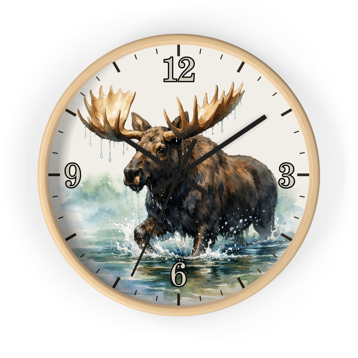 Round wall clock with a light wood frame and a printed moose in the water scene on the dial, shown against a plain white background.