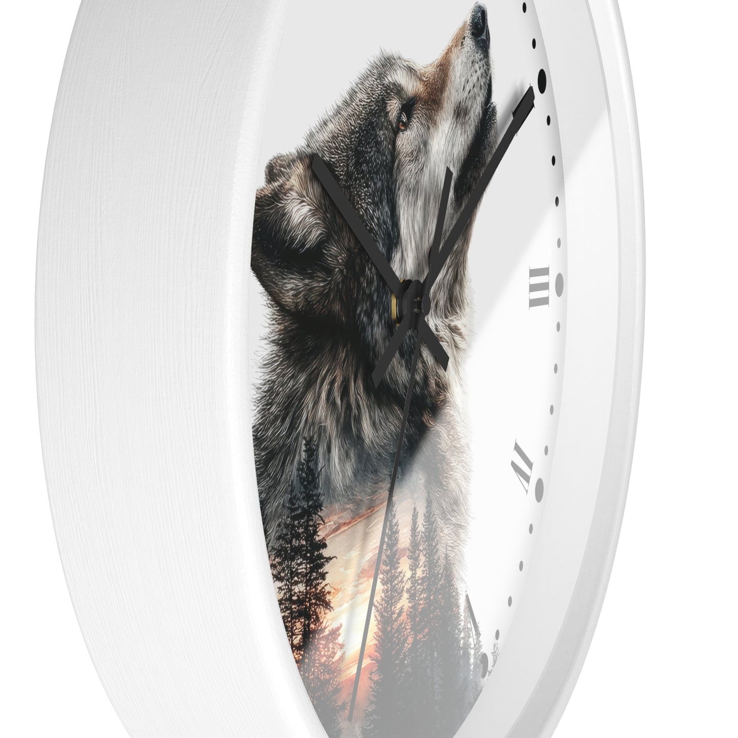 Wolf  Sunset Wall Clock with Roman Numerals — Rustic Forest Animal Decor