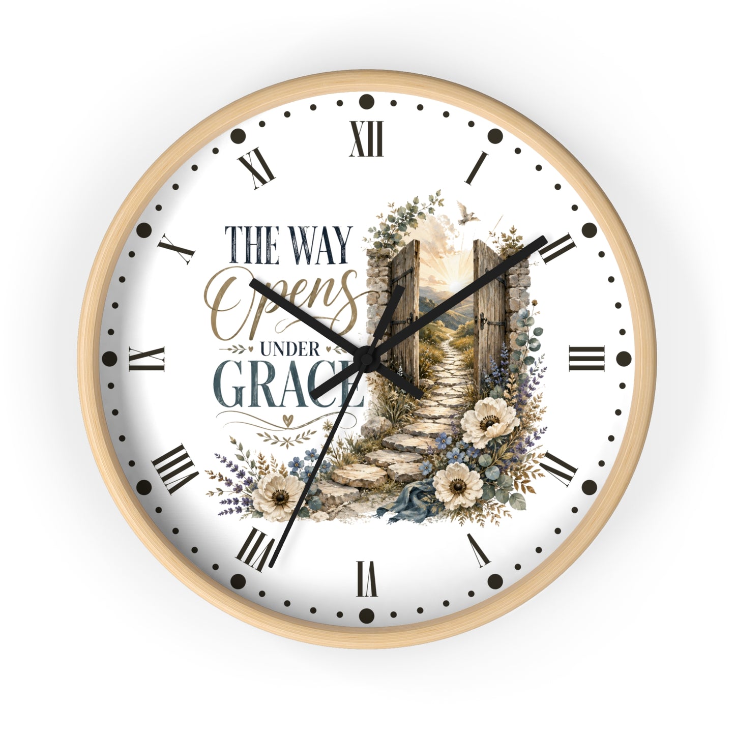 Rustic Floral Inspirational Wall Clock - "The Way Opens Under Grace"  Christian Home Decor