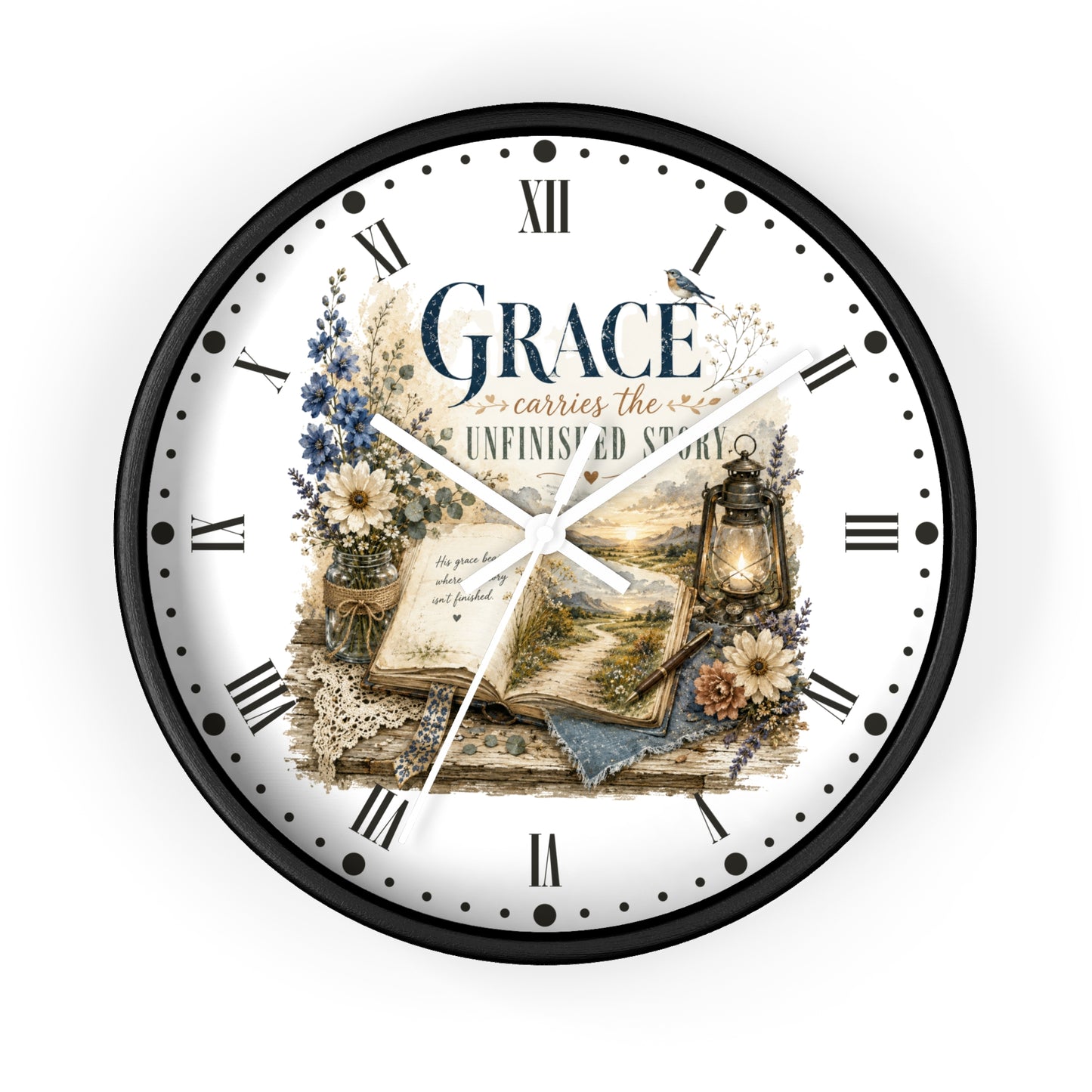 Grace Carries the Unfinished Story Wall Clock — Inspirational Rustic Farmhouse Decor