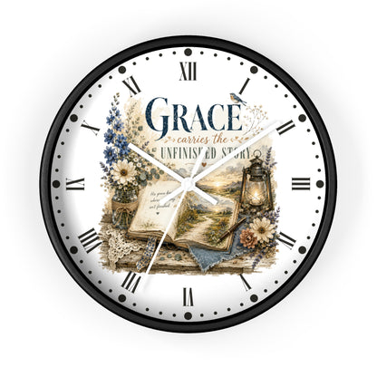 Grace Carries the Unfinished Story Wall Clock — Inspirational Rustic Farmhouse Decor