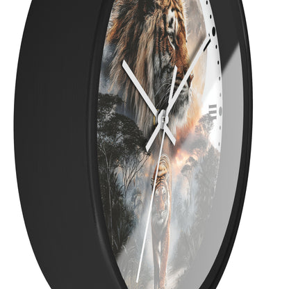 A round wall clock with a black frame and a printed safari scene featuring a tiger, and misty trees. The clock has white hands and black hour markers, shown against a plain white background.