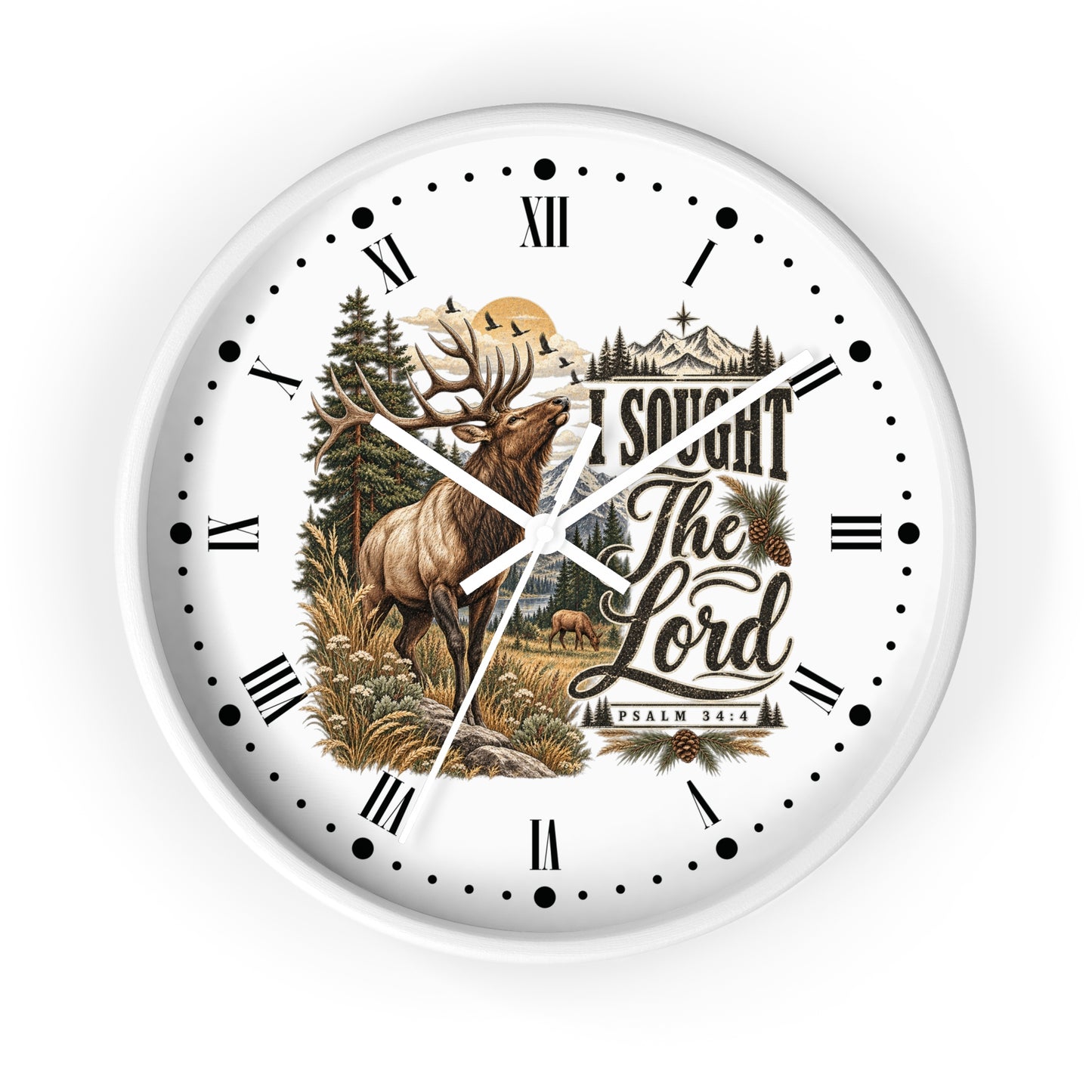 Rustic Elk Wall Clock – “I Sought The Lord” Psalm 34:4 Christian Home Decor