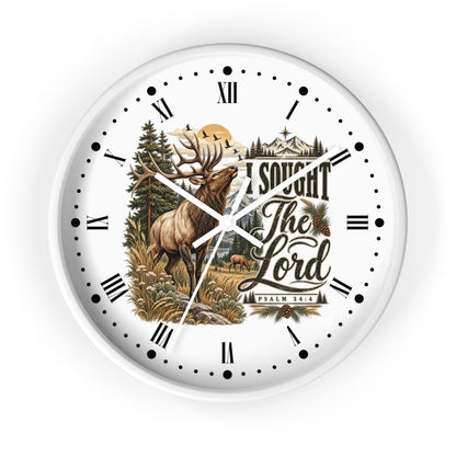 Rustic Elk Wall Clock – “I Sought The Lord” Psalm 34:4 Christian Home Decor