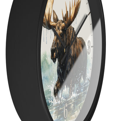 A round wall clock with a black frame and a printed moose artwork on the face, shown against a plain white background.