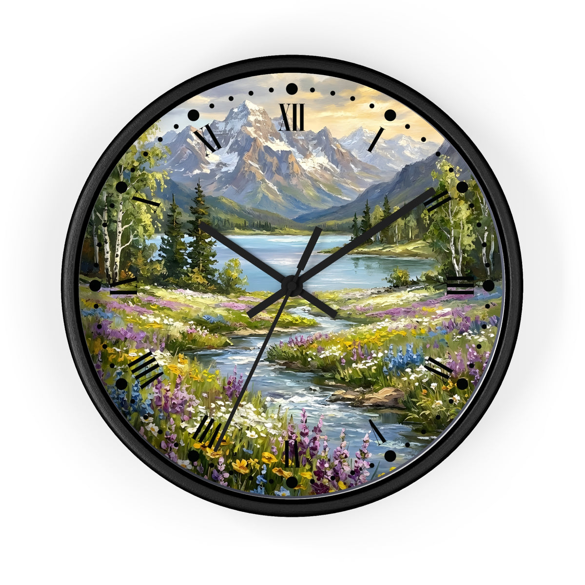 Round wall clock with a black frame and a scenic landscape print featuring mountains, a lake, trees, and a wildflower meadow, with black Roman numerals and hands on a white background.