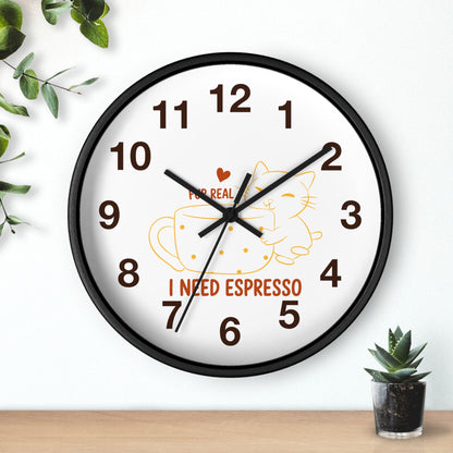 I Need Espresso Wall Clock | Cute Cat & Coffee Kitchen Decor