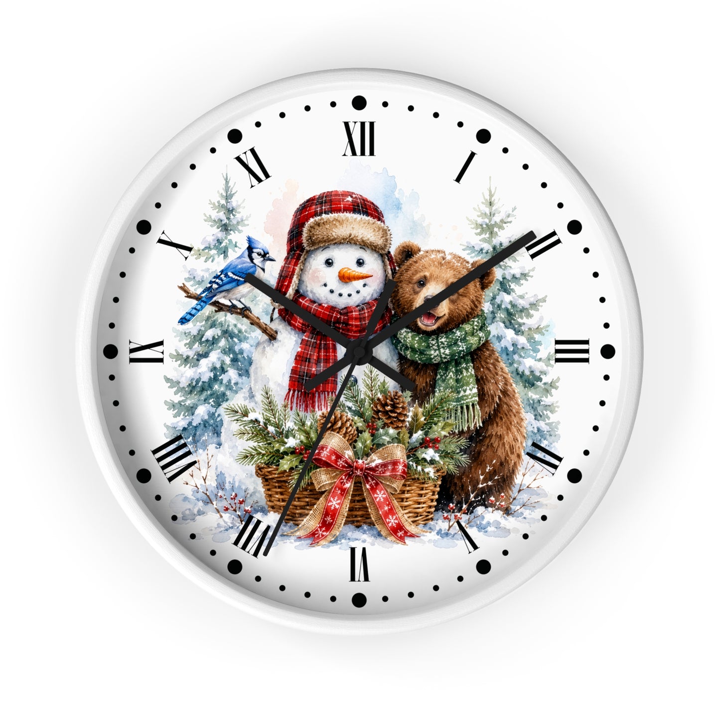A round white wall clock with a festive winter illustration on the face, featuring a snowman in a red plaid hat and scarf, a brown bear in a green scarf, evergreen trees, and a bluebird, with black Roman numerals and hands.