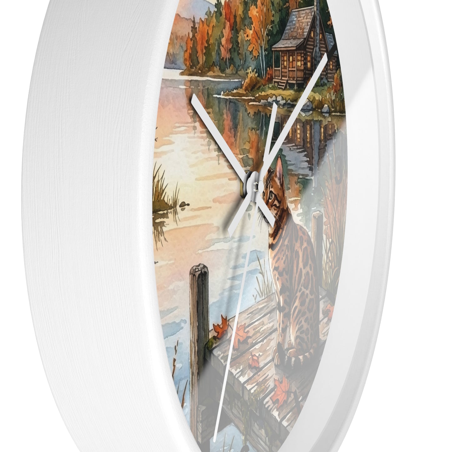 Autumn Lakeside Bengal Cat Wall Clock — Rustic Cabin Sunset Decor