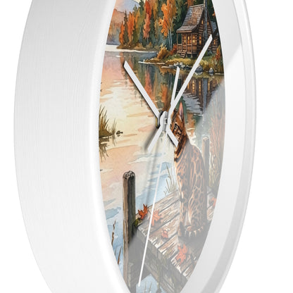 Autumn Lakeside Bengal Cat Wall Clock — Rustic Cabin Sunset Decor