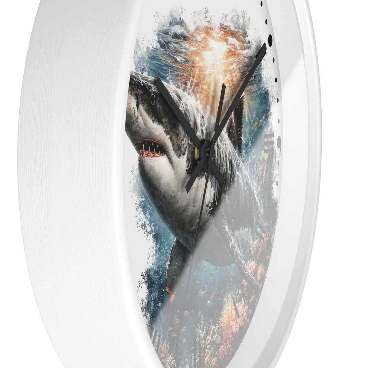 A white oval wall clock featuring a printed shark underwater scene on the face, with black hands and small black dot hour markers, shown against a plain white background.