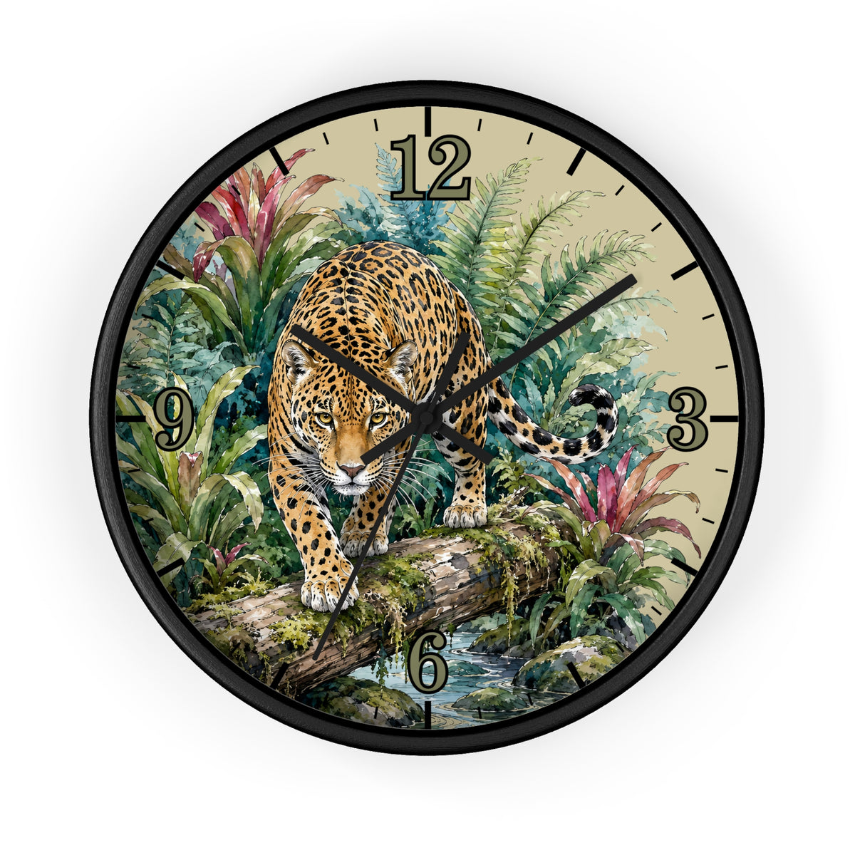 Round wall clock with a black frame and a detailed illustration of a leopard walking over a log in a lush jungle scene. The clock face is beige with black Arabic numerals and black clock hands.