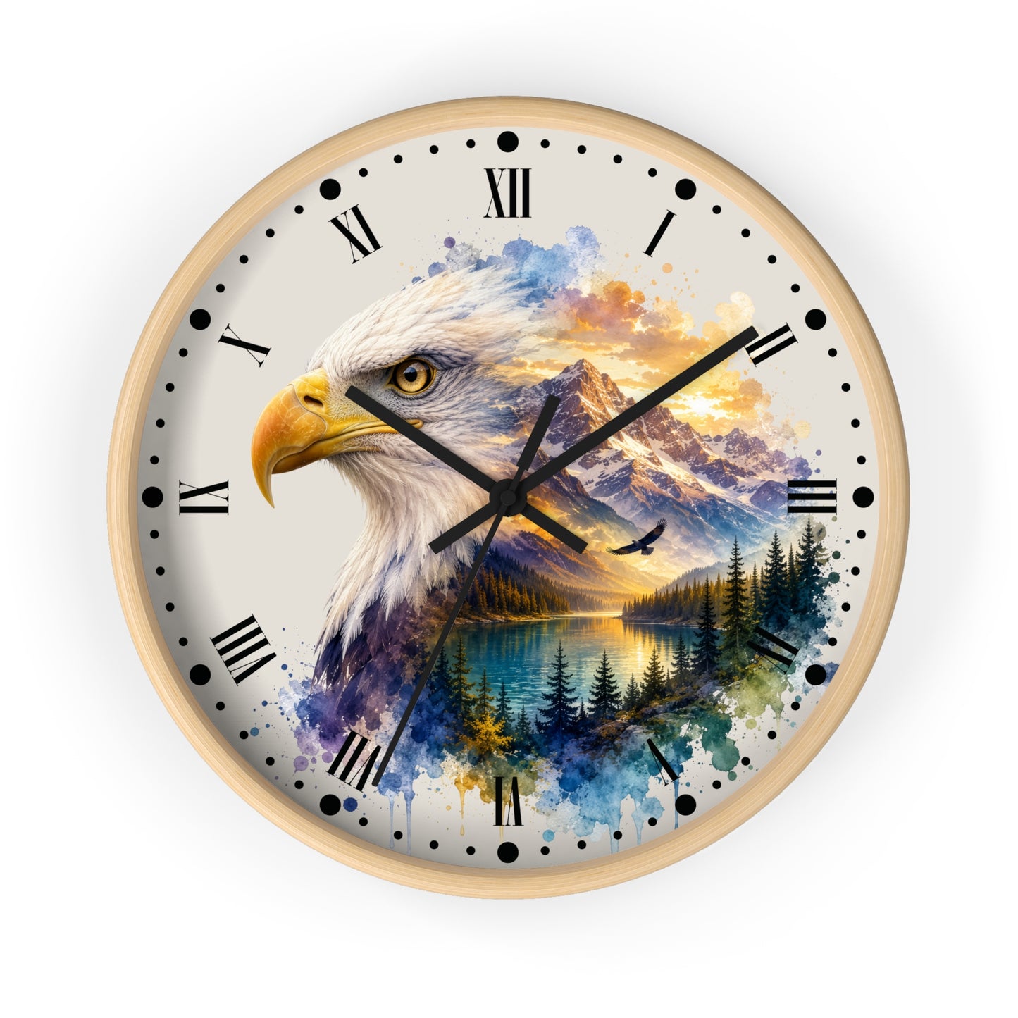 A round wall clock with a light wood frame and a printed design featuring a bald eagle over a mountain lake landscape with watercolor-style splashes. The clock face has black Roman numerals, black hour markers, black hands, and a white background.