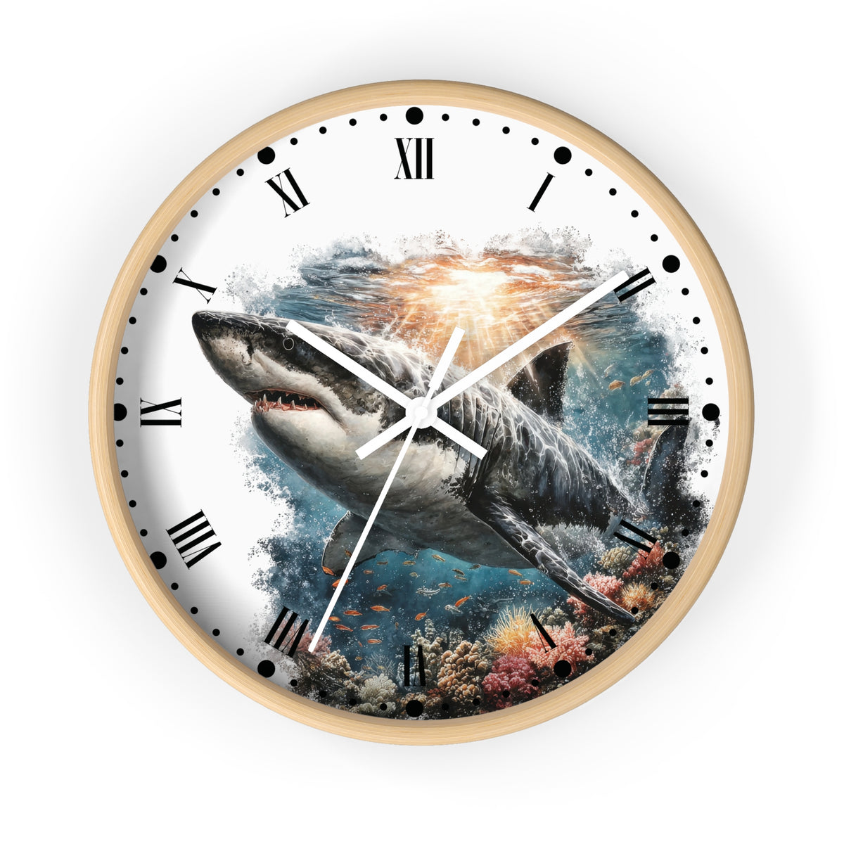 A round wall clock with a light wood frame and a printed shark underwater scene on the face, featuring black Roman numerals and white hands, shown against a plain white background.