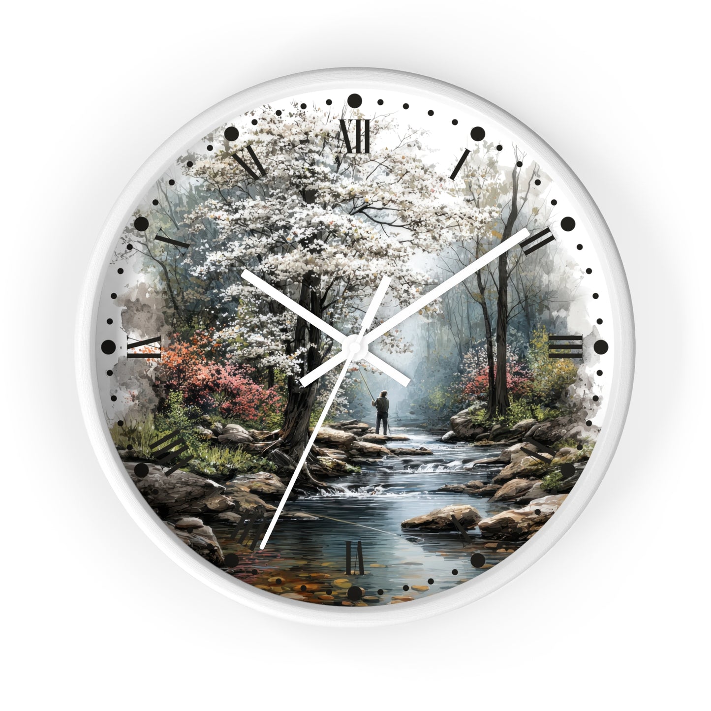 Round wall clock with a white frame and a scenic print of a forest stream, cherry blossoms, rocks, and a small figure standing by the water. The clock has black Roman numerals and black dot hour markers with white hands.