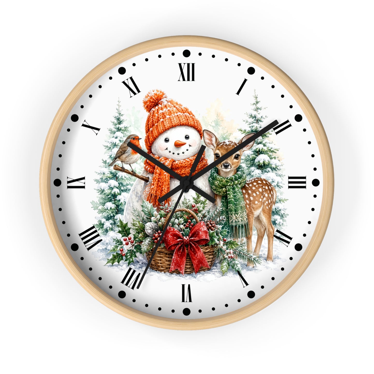 Snowman & Fawn Holiday Wall Clock — Festive Winter Deer Decor