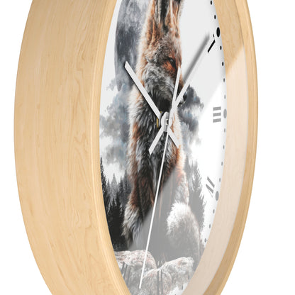 Round wall clock with a light natural wood frame and a printed face showing a large brown wolf standing in a misty forest scene.
