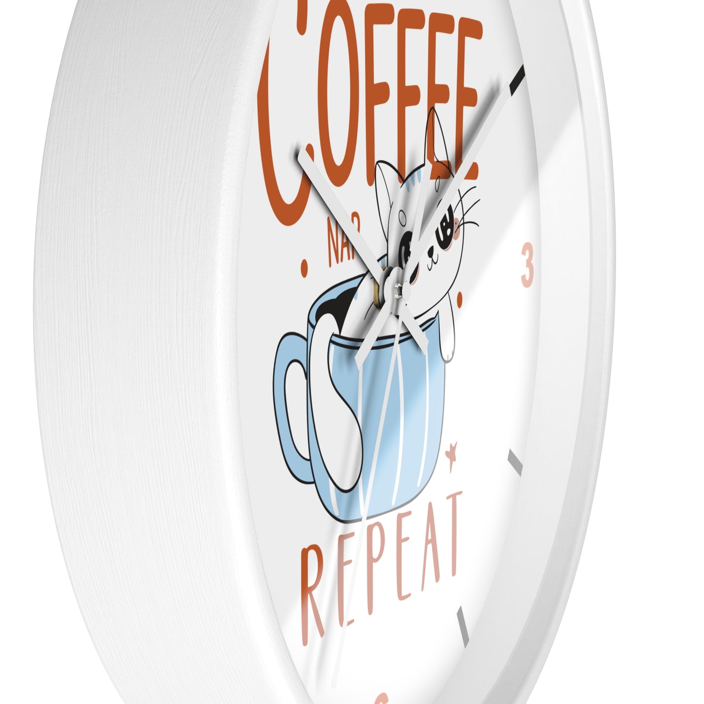 Coffee Nap Repeat Wall Clock | Cute Cat in Mug Kitchen Decor