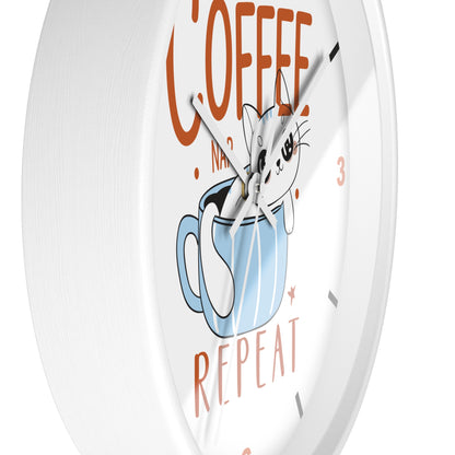 Coffee Nap Repeat Wall Clock | Cute Cat in Mug Kitchen Decor