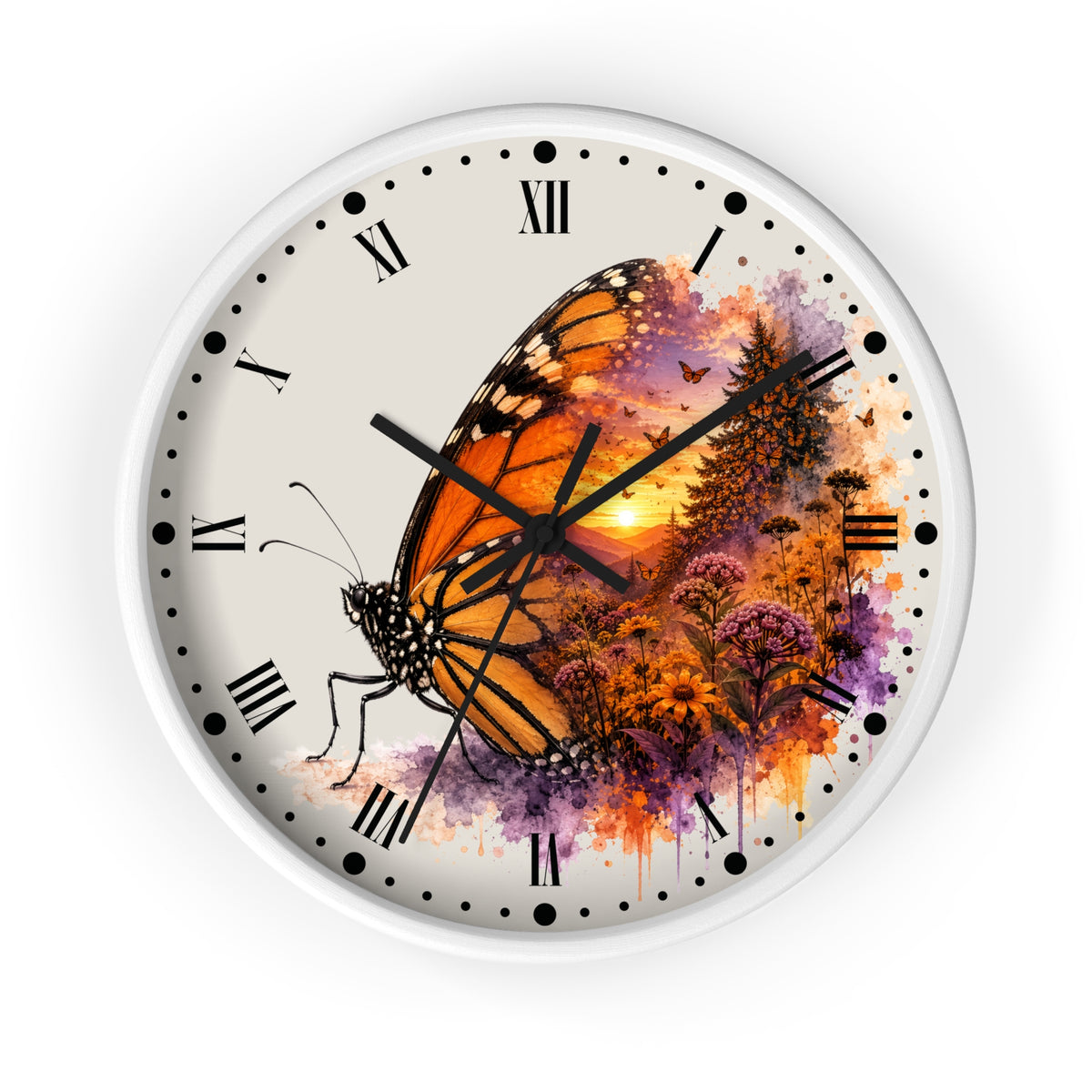 A round wall clock with a white frame and a printed dial featuring a large orange-and-black butterfly over a colorful sunset landscape with purple and orange watercolor splashes. The clock has black Roman numerals and black hands on a white background.