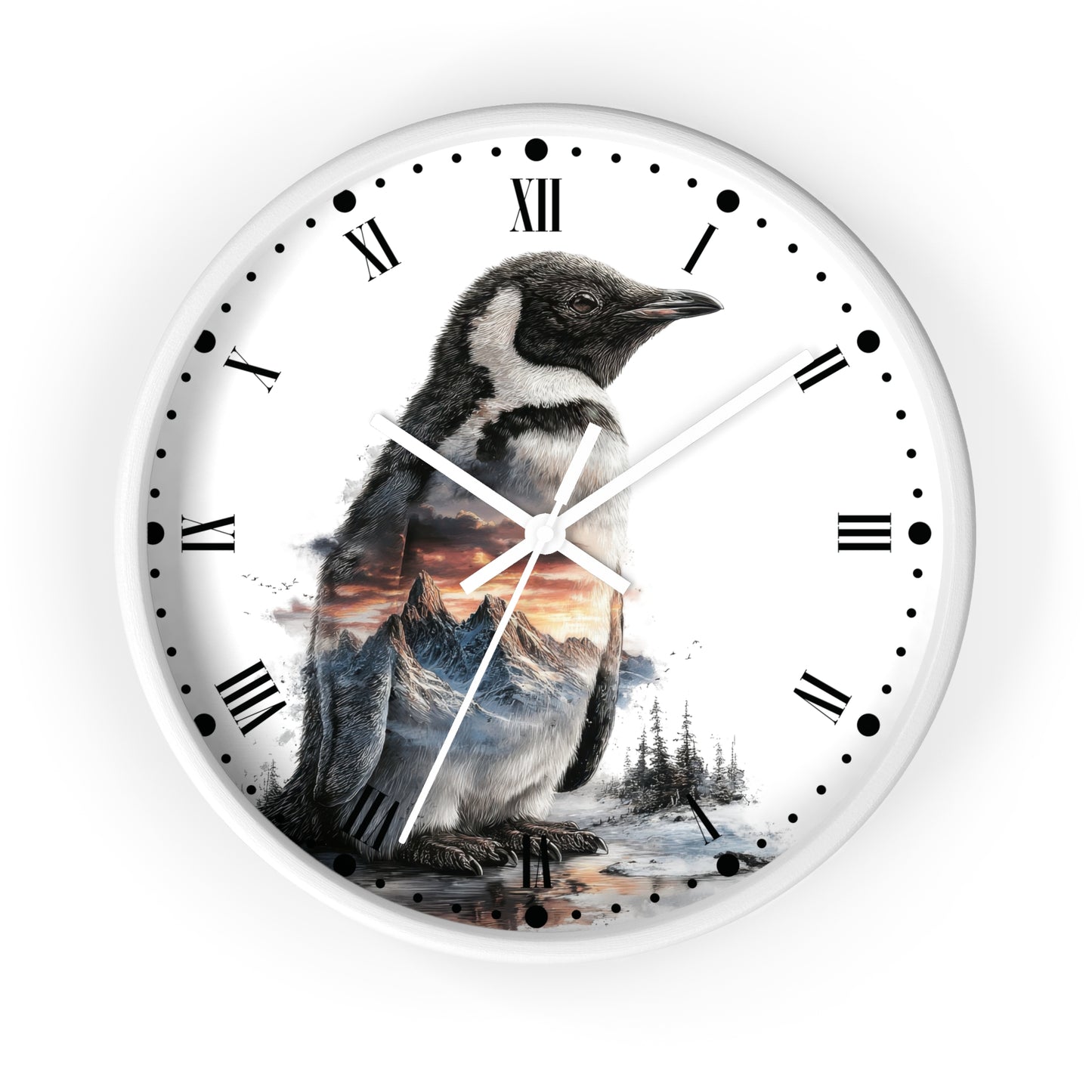 Penguin Mountain Landscape Wall Clock with Roman Numerals — Nature Scenic Animal Decor
